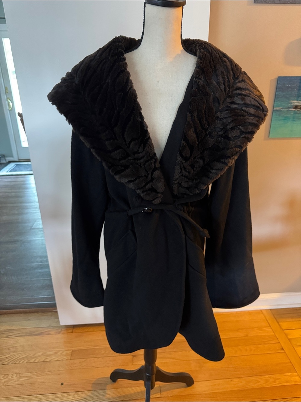Andrea Jovine Black Coat with Faux Fur Shawl Collar
